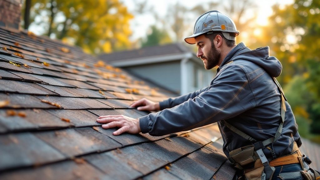 A professional roofer carefully installing new shingles on a residential roof in Sharon, PA.