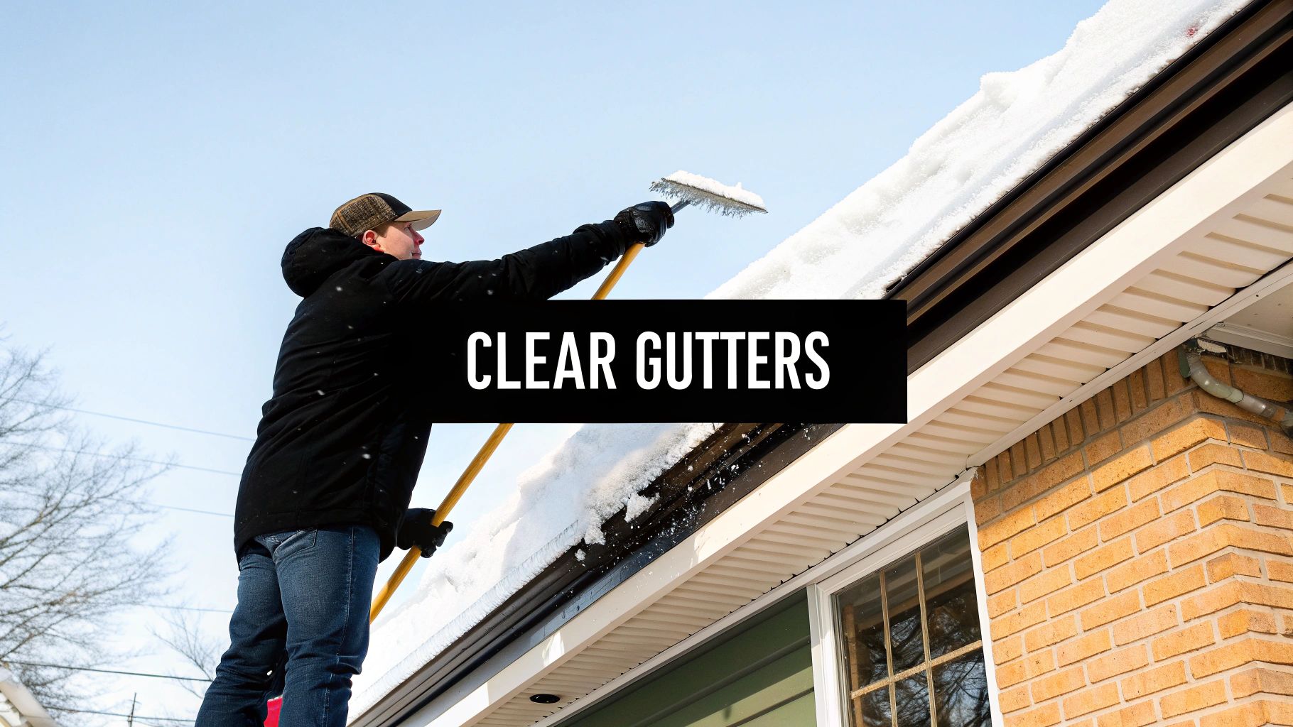 A person using a roof rake to safely clear snow from the edge of a roof.