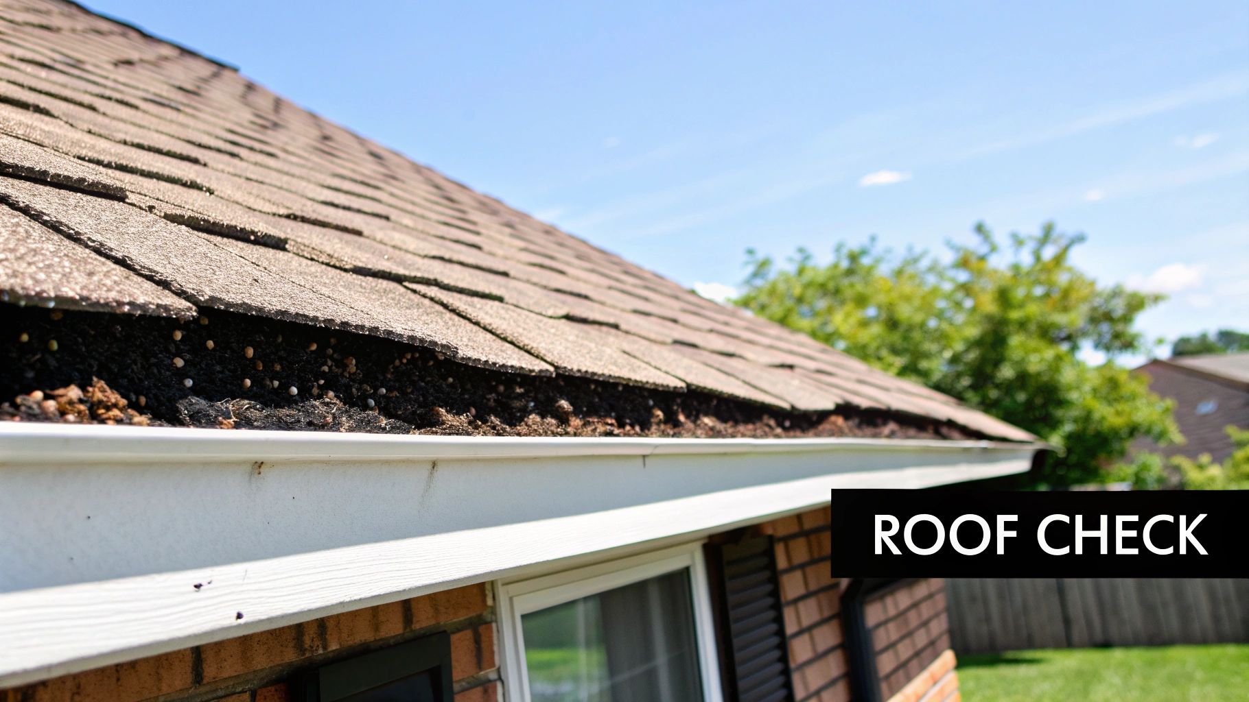 Close-up of damaged roof shingles on a Hubbard home