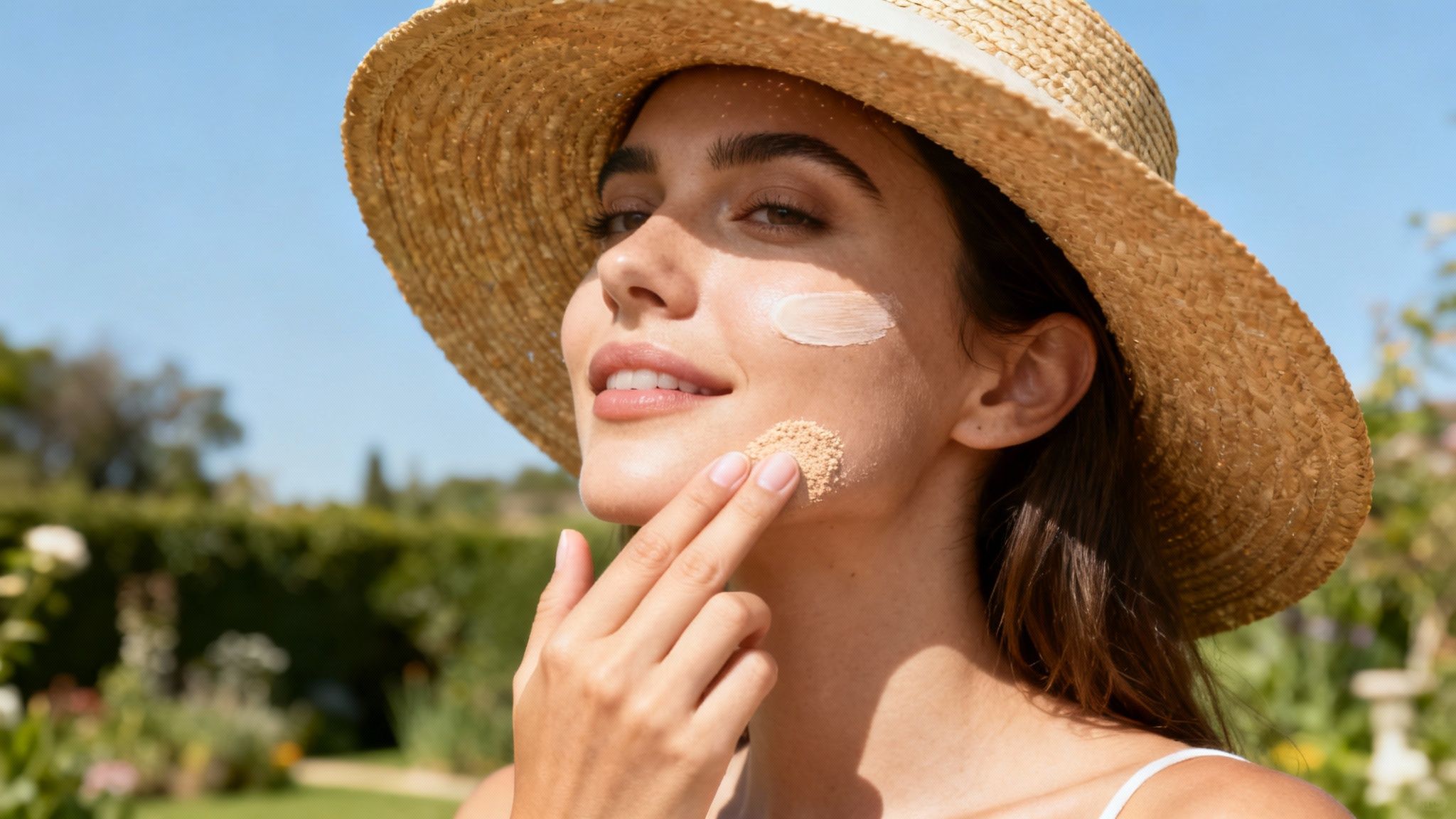 A woman applying sunscreen to her face in a bright, naturally lit room.