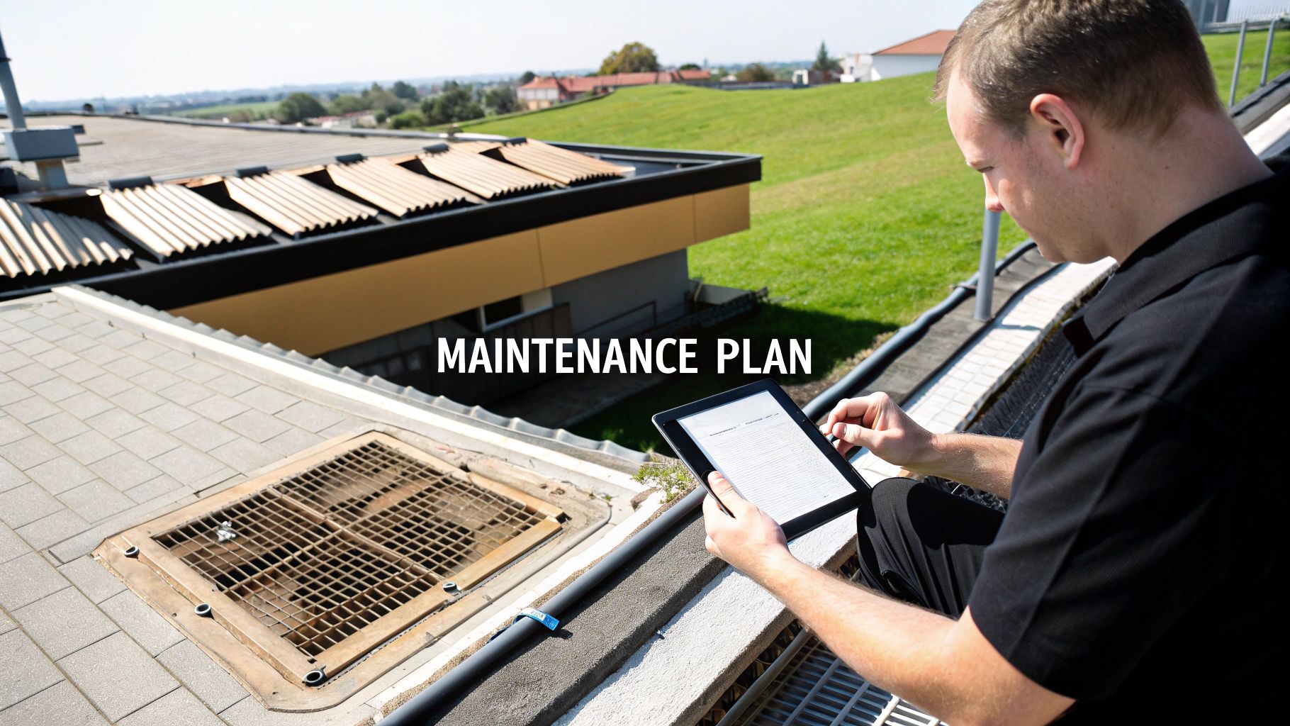 A checklist on a clipboard with a commercial roof in the background.