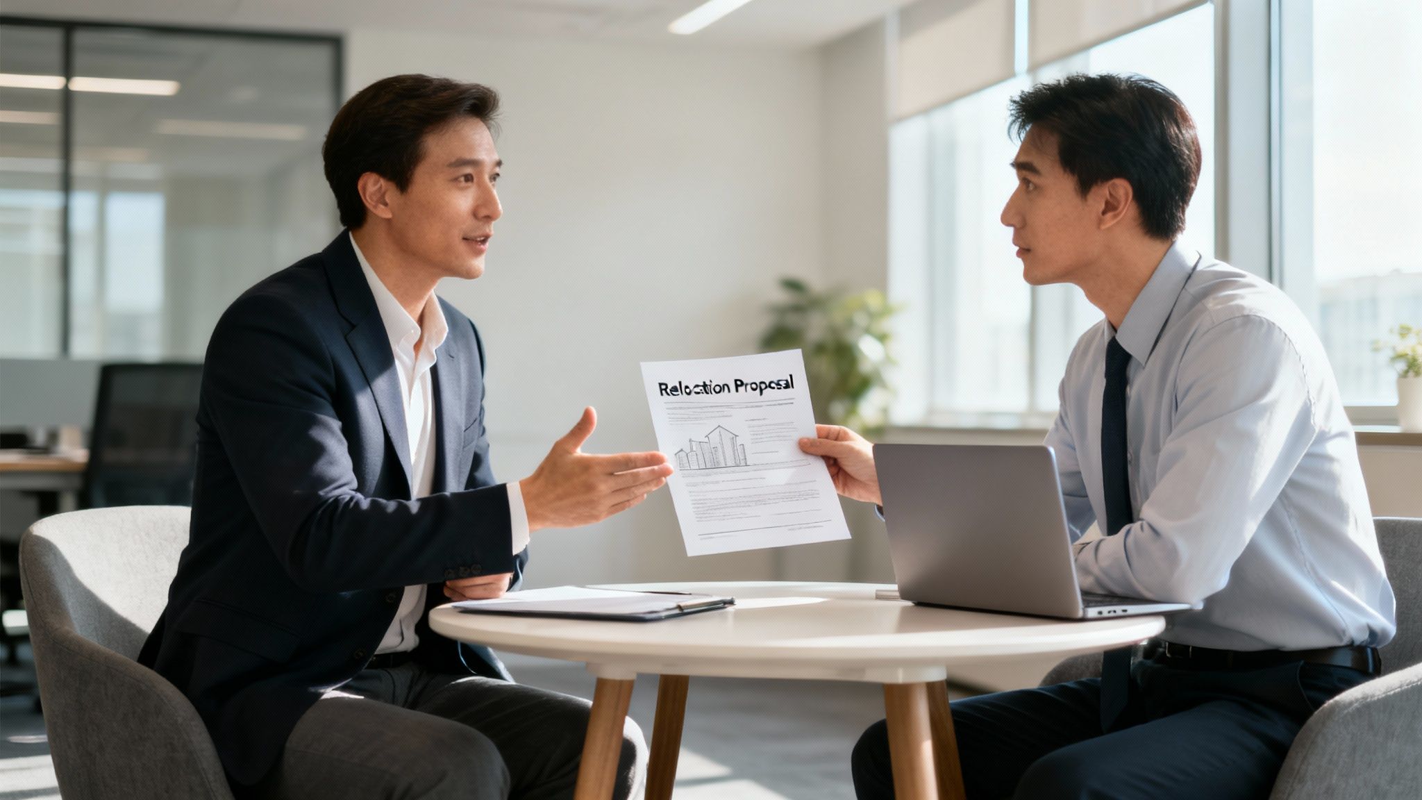 Two professionals having a positive negotiation conversation in an office.