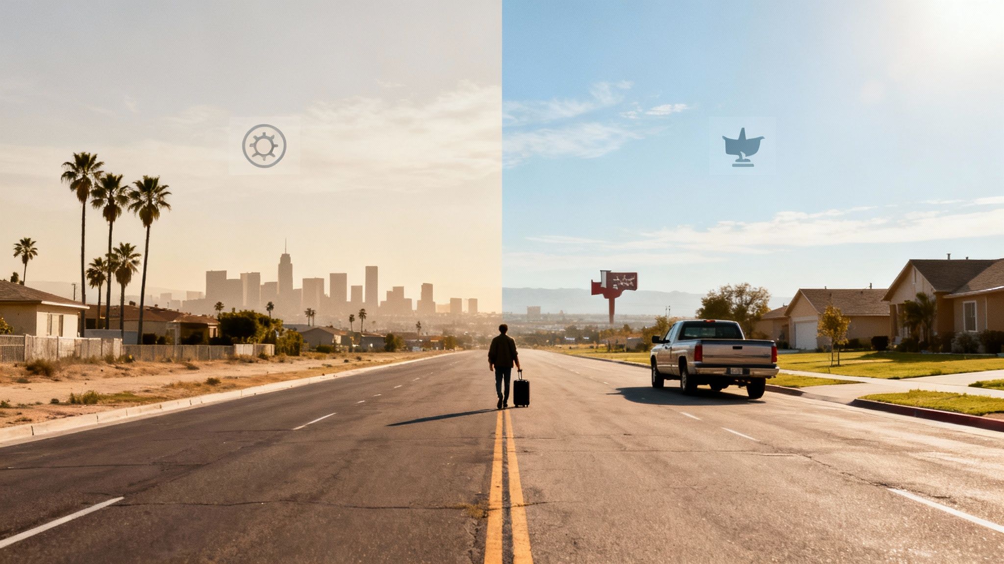 A family happily unpacking boxes with a Texas landscape in the background, symbolizing a new beginning after moving from LA.
