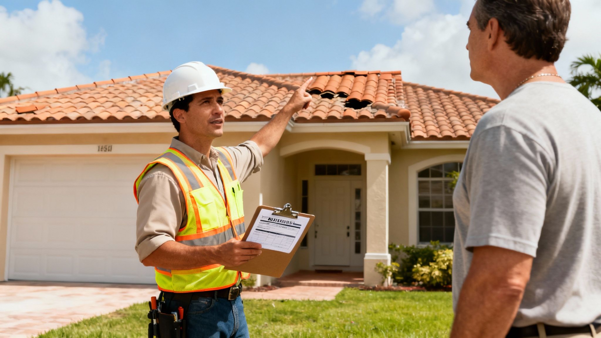 Roof inspector pointing at missing tiles while discussing damage with homeowner outside house