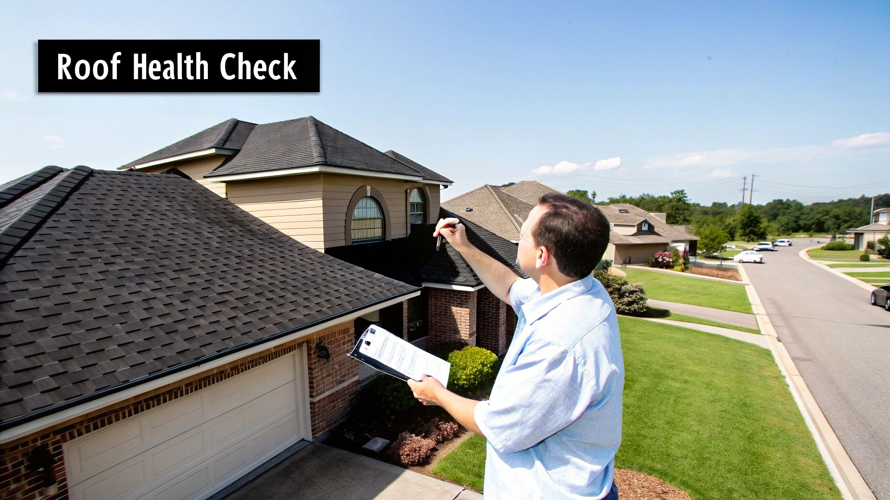A professional roofer inspecting a residential shingle roof with the sun setting in a residential neighborhood