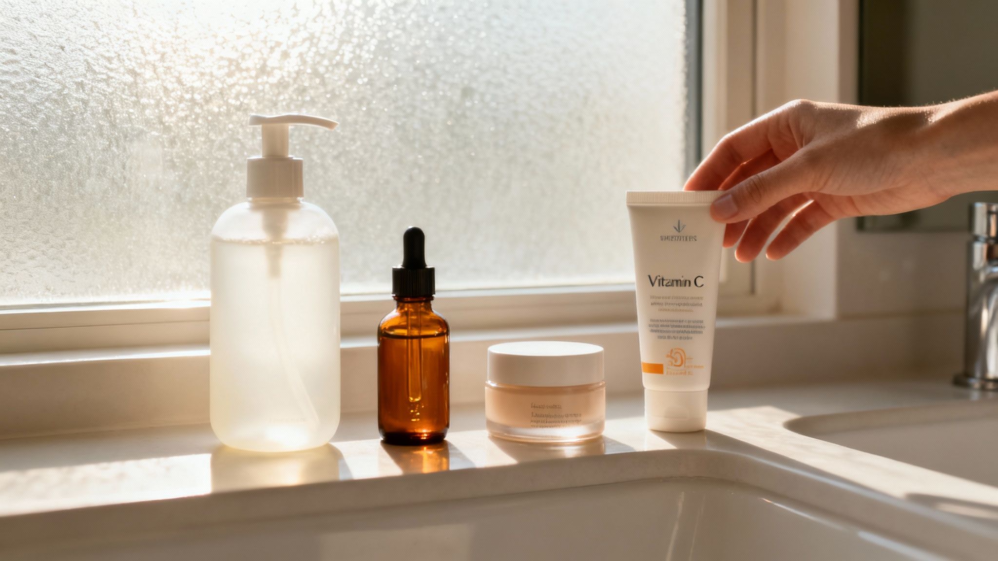 Person applying a serum to their face in a bright, clean bathroom.