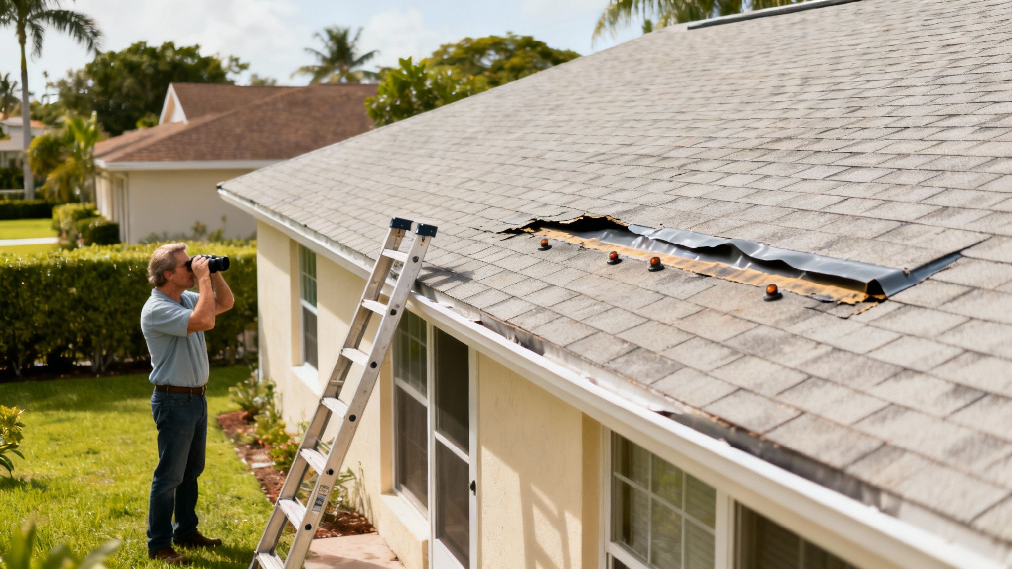 An inspector observes a house with a visibly damaged roof and bent flashing after wind.