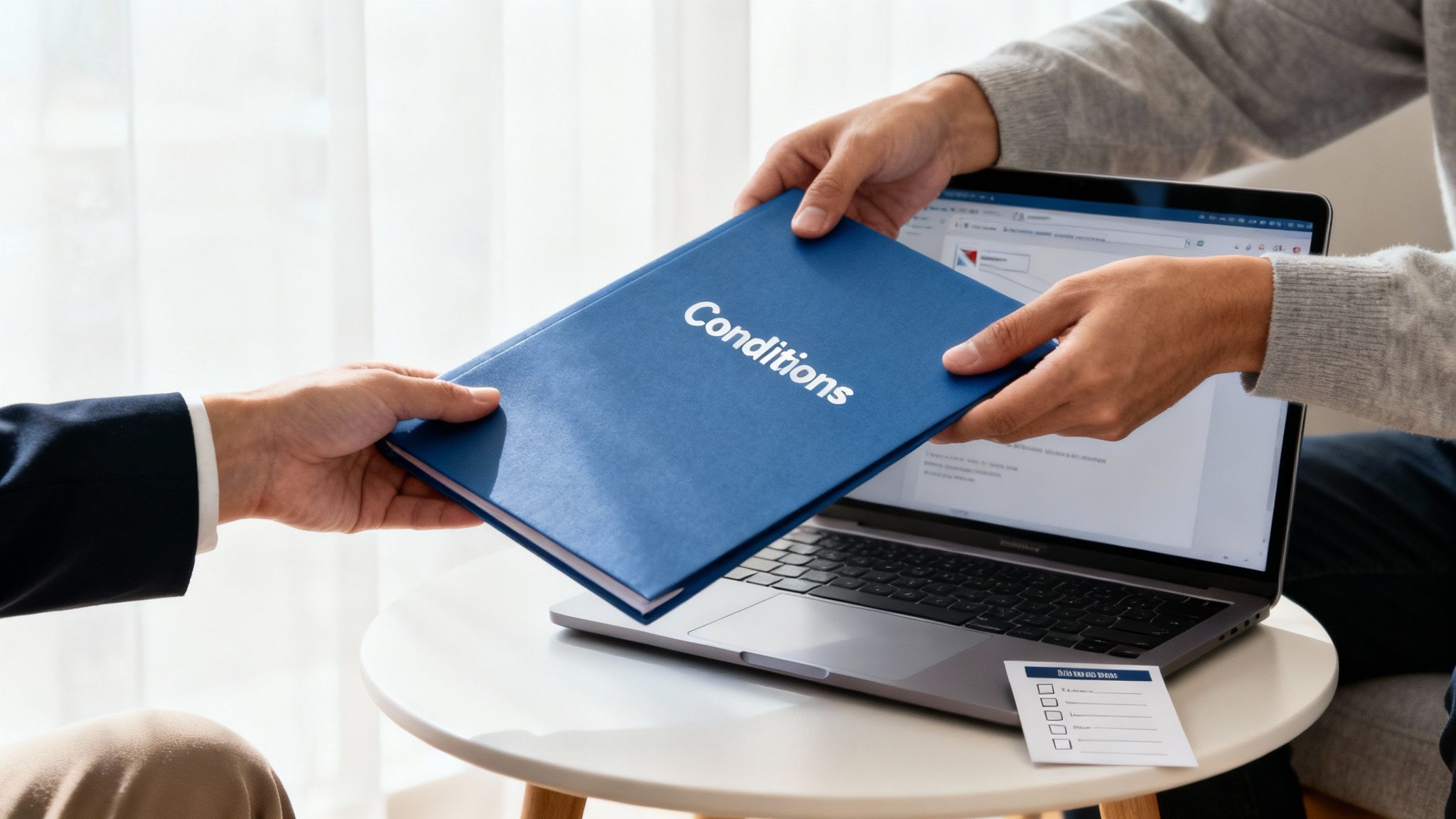 A couple smiling while looking at home buying documents with a mortgage advisor.