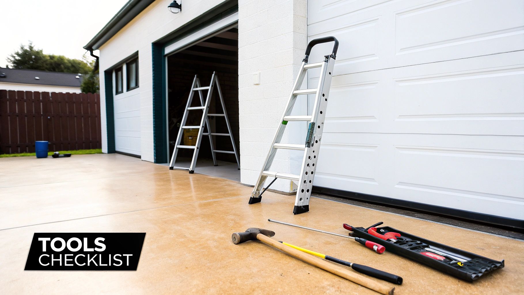 A collection of roofing tools and materials laid out for a repair job.