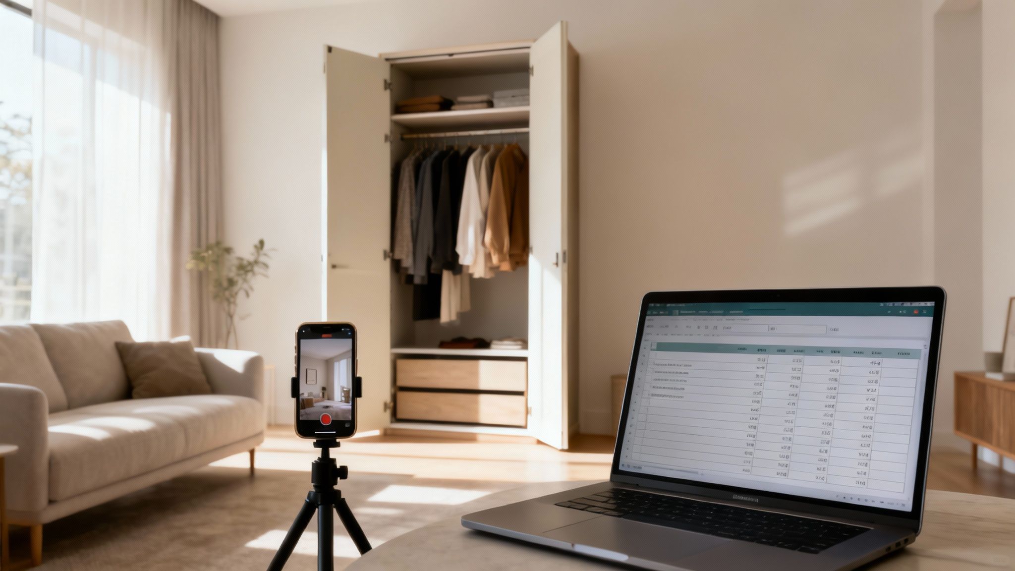 A person using a tablet to create a home inventory list with moving boxes in the background.