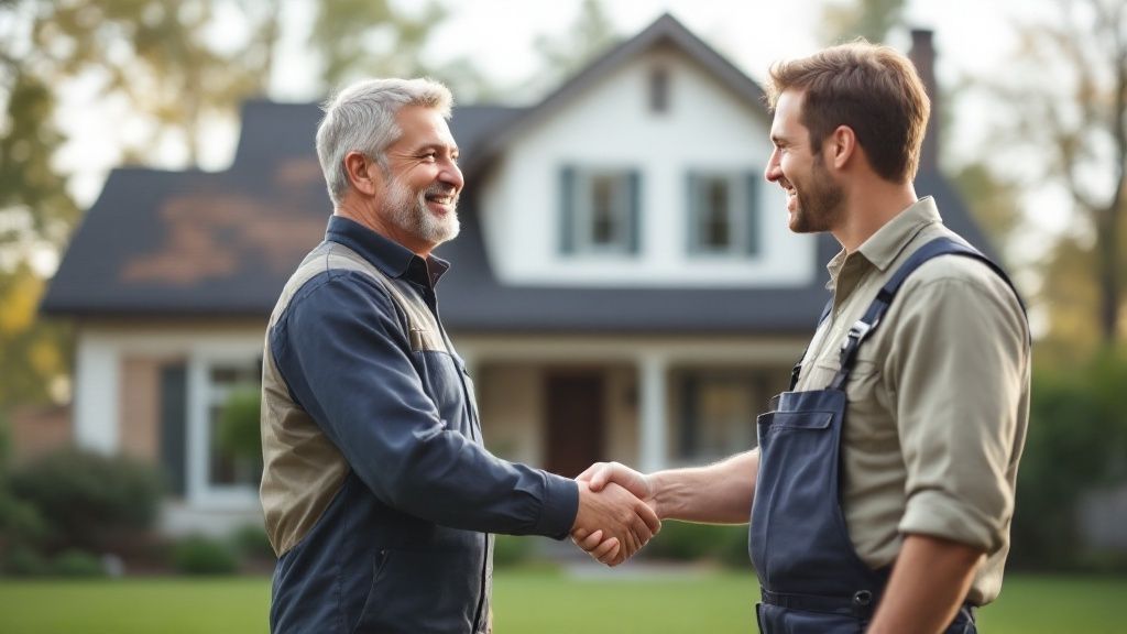 A person reviewing a roofing estimate with a calculator and blueprints on a desk.