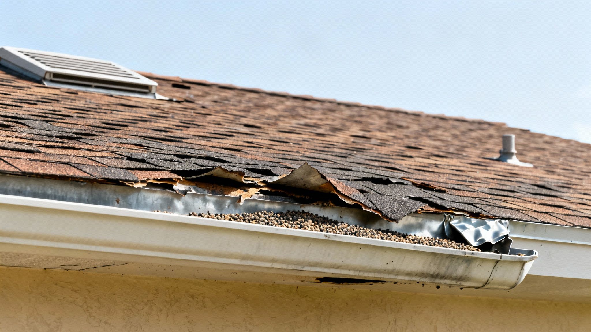 Damaged roof shingles with visible curling and deterioration near clogged gutter system