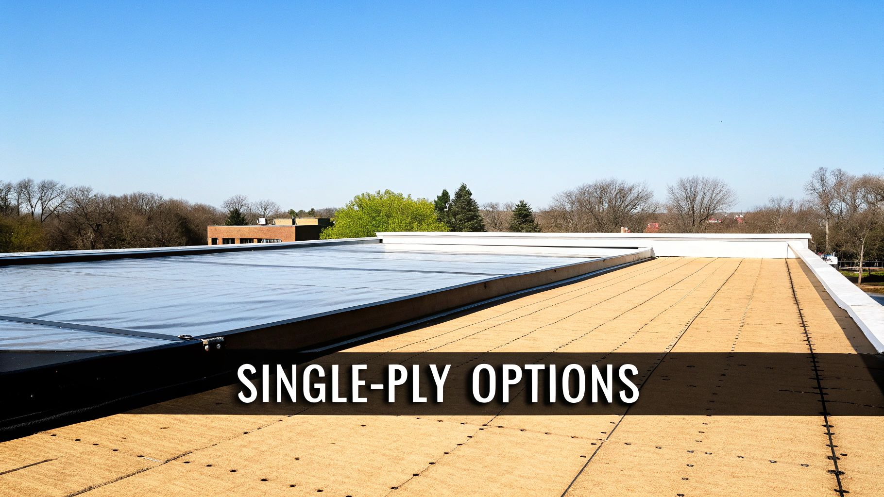 A commercial flat roof under construction showing different single-ply roofing material options.
