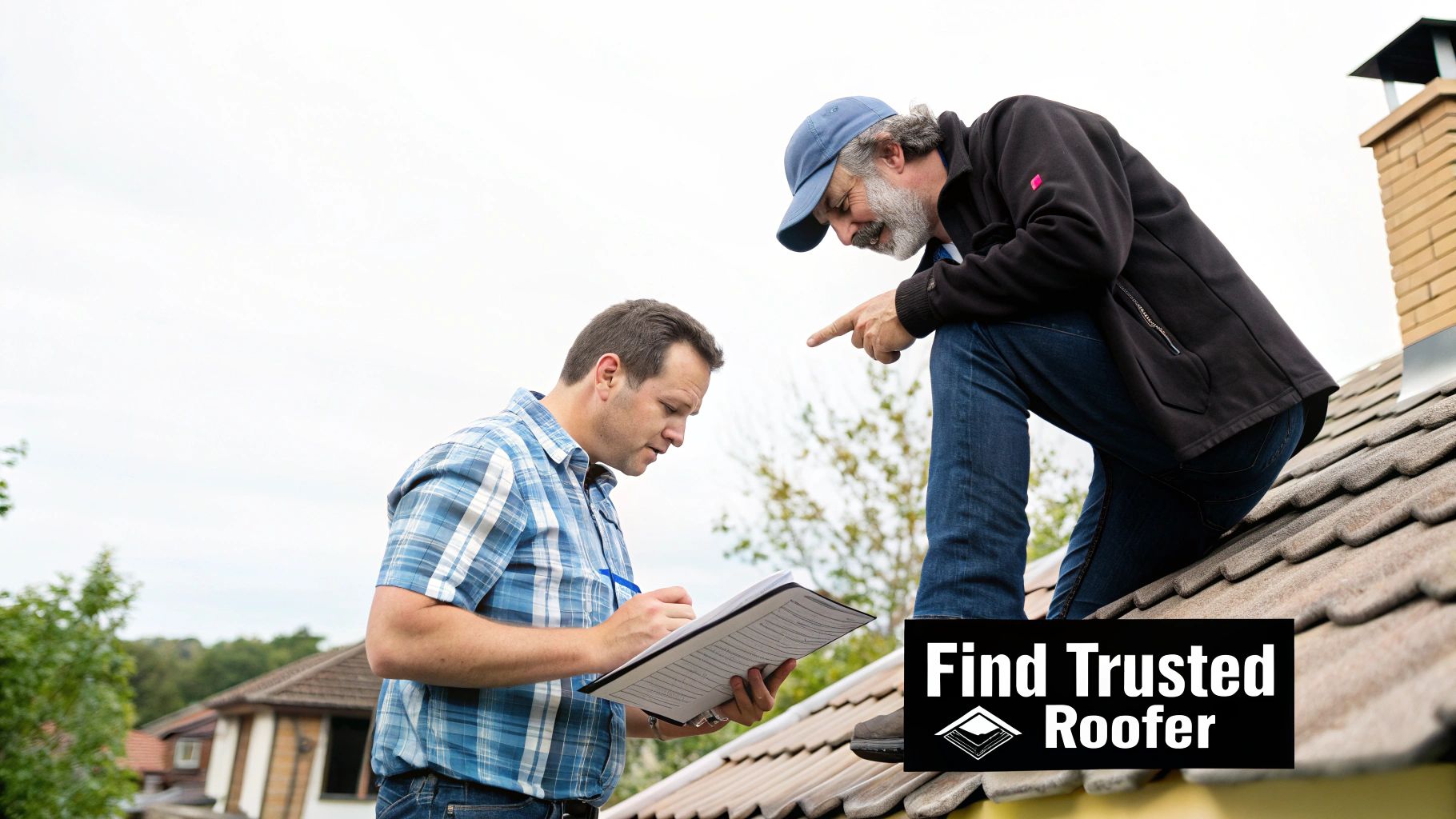 A roofer showing a homeowner the plans for a roof repair on a clipboard.