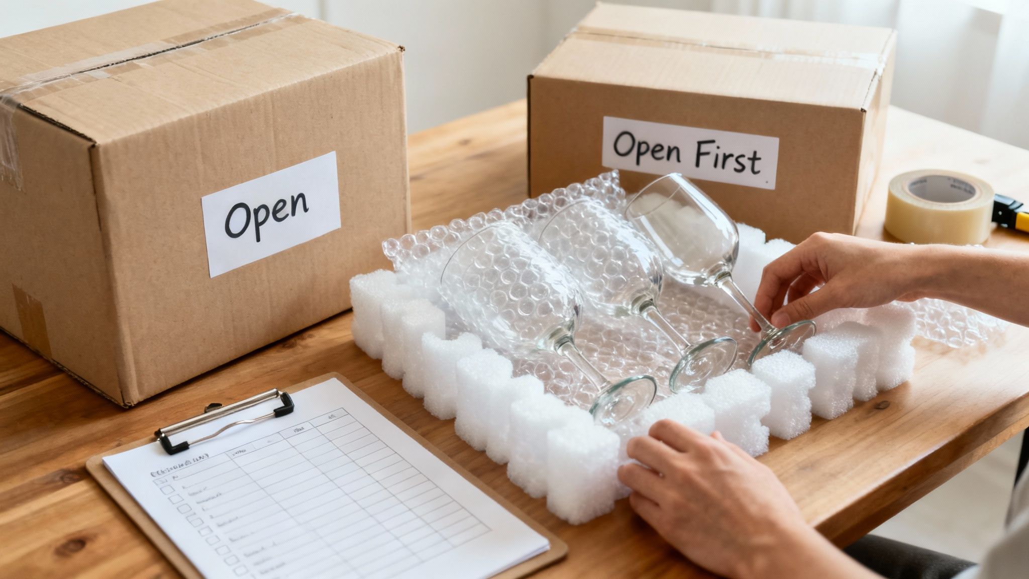 Boxes and packing supplies organized in a room, ready for a long-distance move.