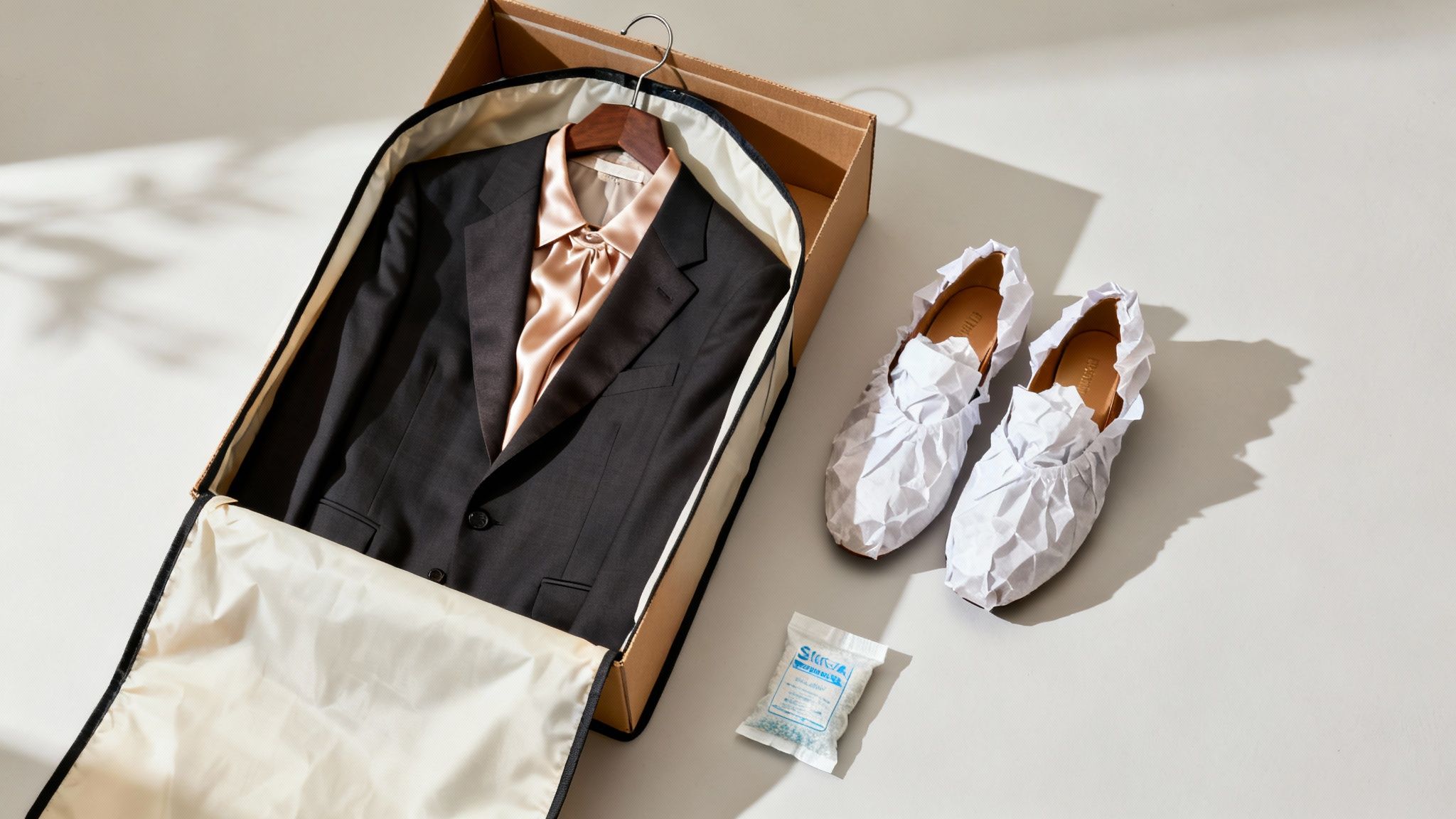 A person carefully placing a suit into a wardrobe box.