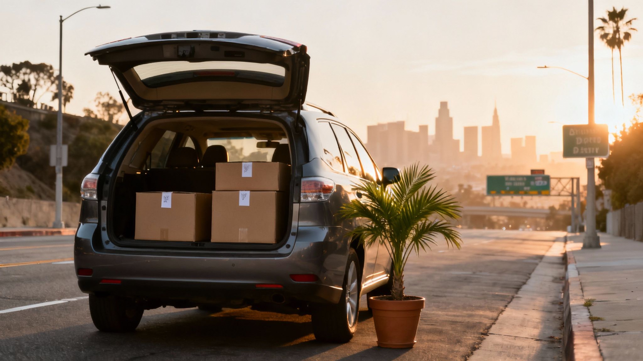 View of downtown Los Angeles with traffic on the highway.