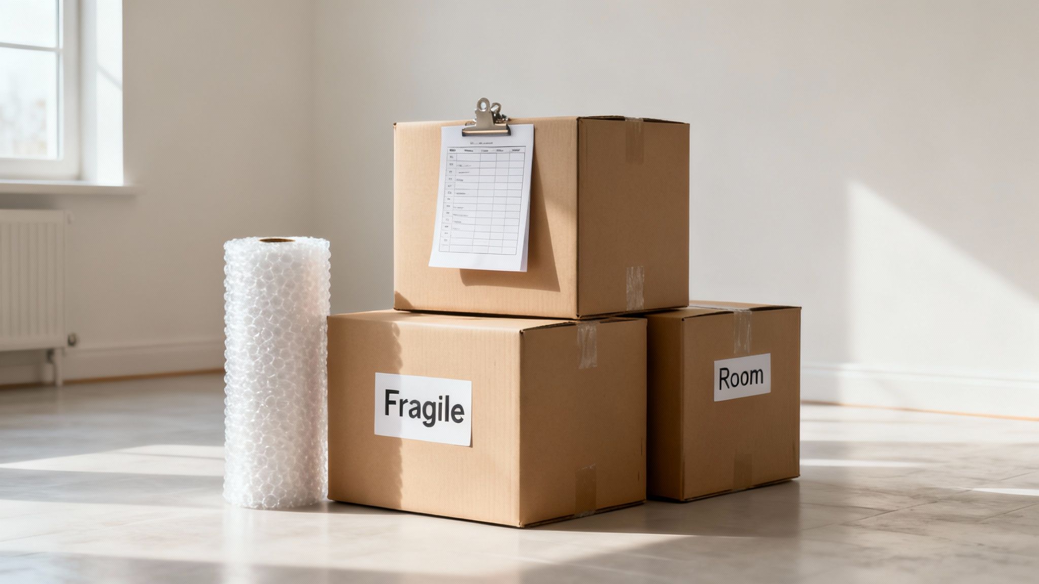 Person carefully placing a fragile item into a moving box filled with packing paper.