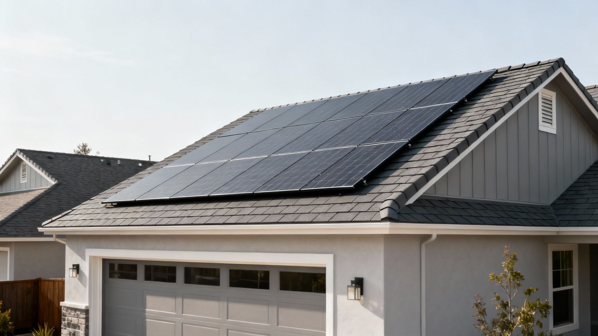 A sleek, modern solar roof with integrated photovoltaic tiles seamlessly blending into the home's architecture.
