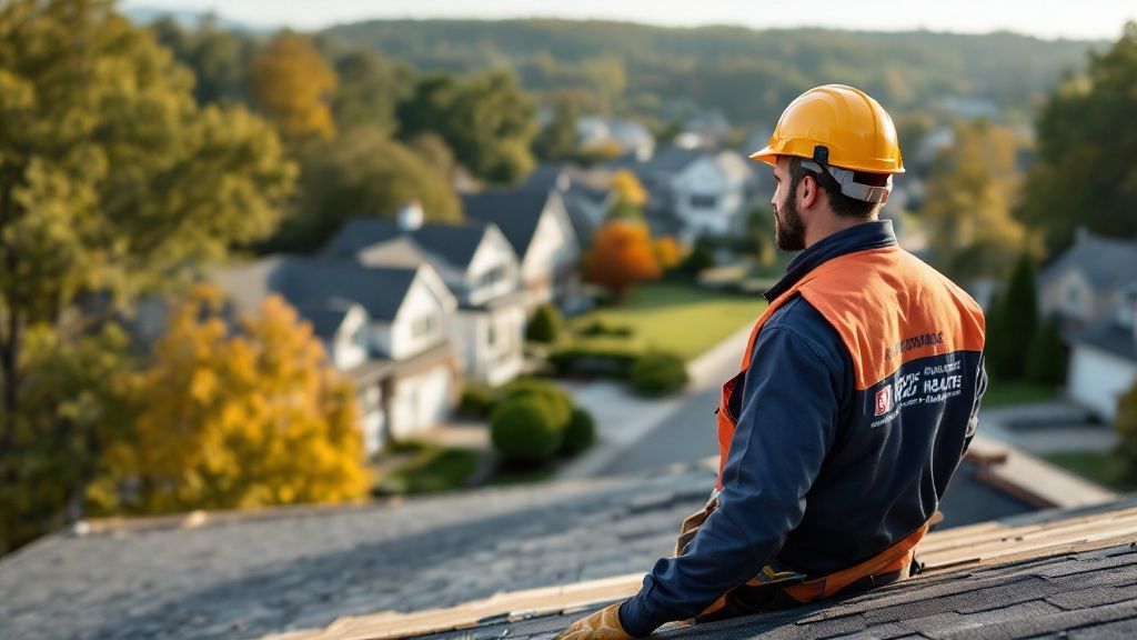 A professional roofer carefully installing new asphalt shingles on a residential roof.