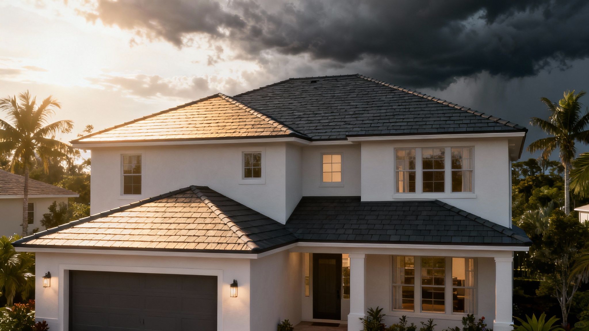 A modern Florida home with a durable, light-colored tile roof under a clear blue sky