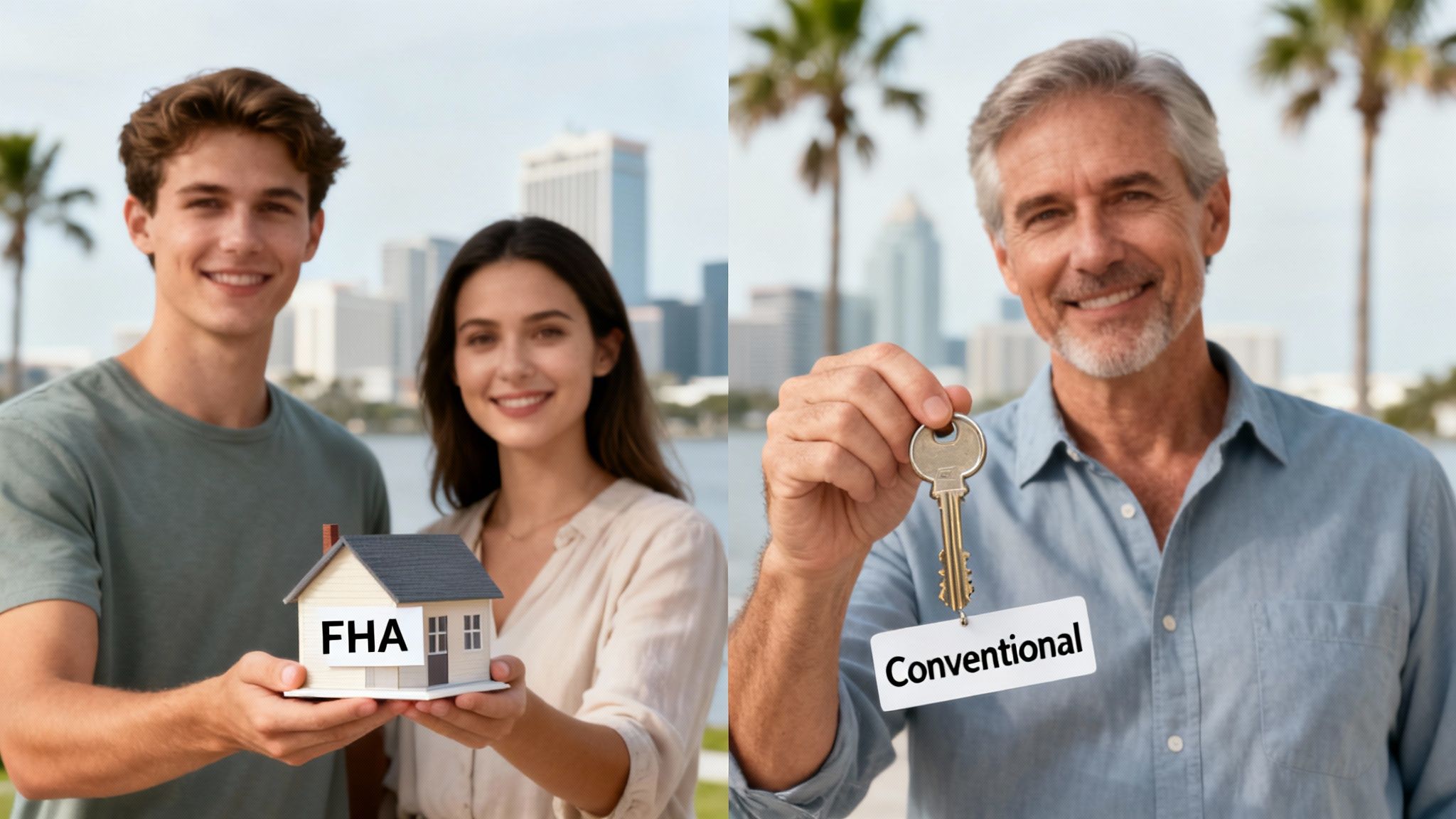 A smiling couple reviewing mortgage documents at a desk
