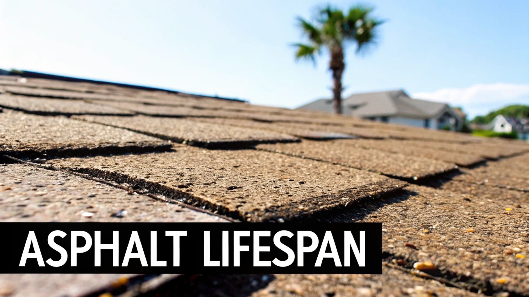 An asphalt shingle roof on a Florida home, showing some signs of wear under the bright sun.