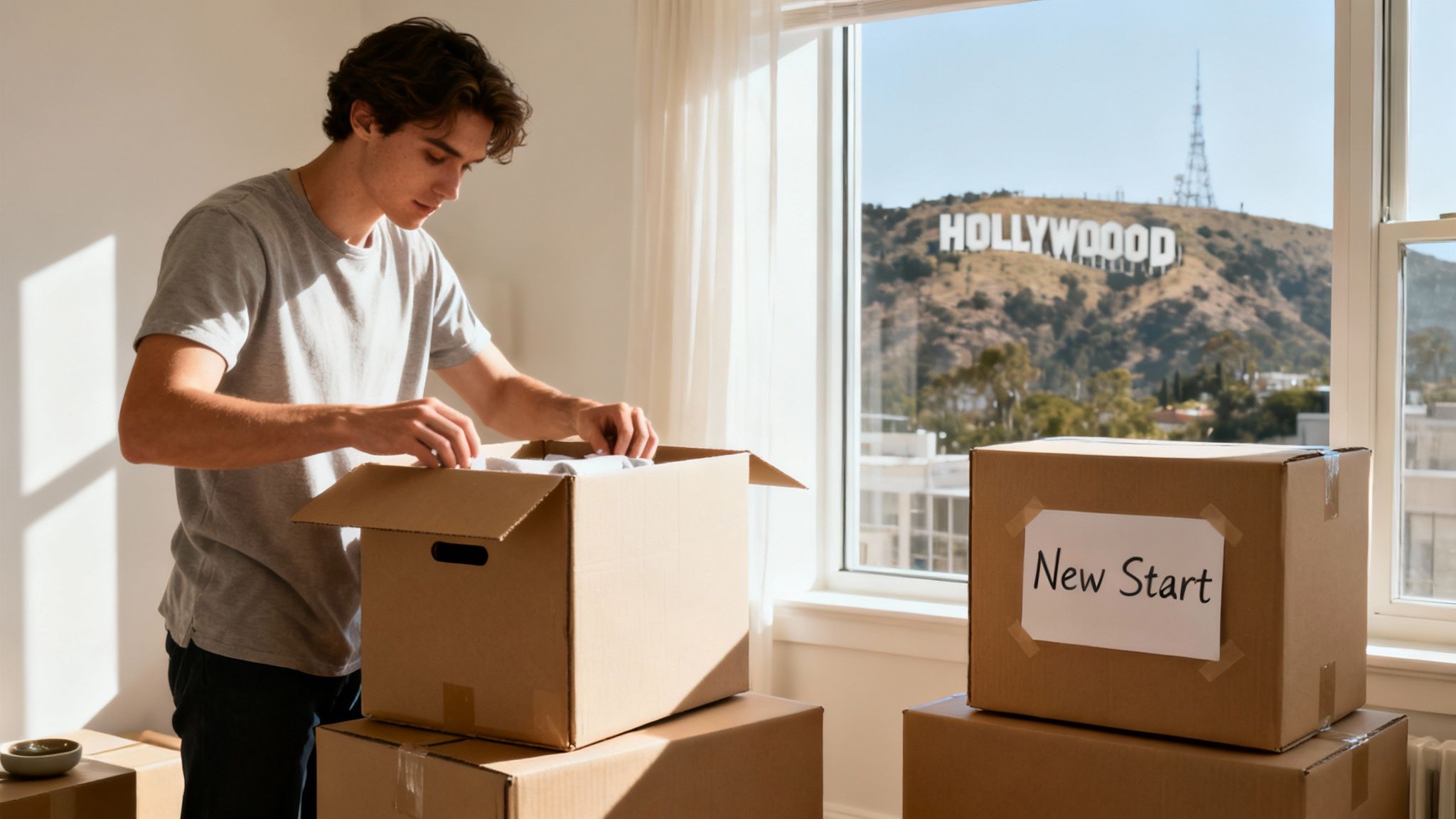 A modern living room with packed moving boxes, showcasing the start of a relocation journey.