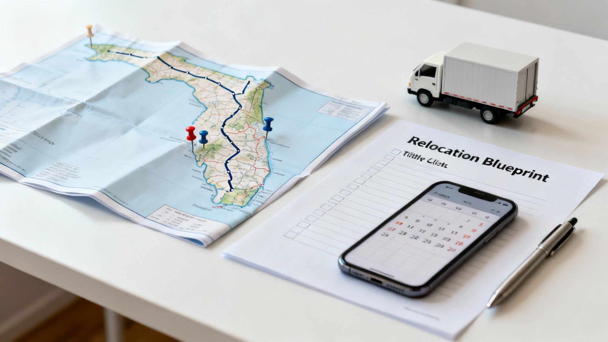 A family happily unpacking moving boxes in their new Florida home, with sunny windows in the background.