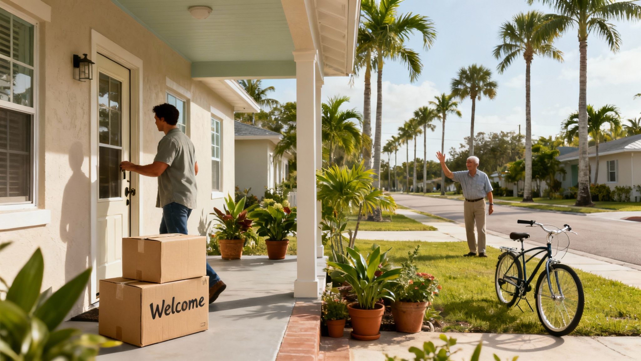 A person smiles while hanging a "Welcome Home" sign on the front door of their new Florida house.