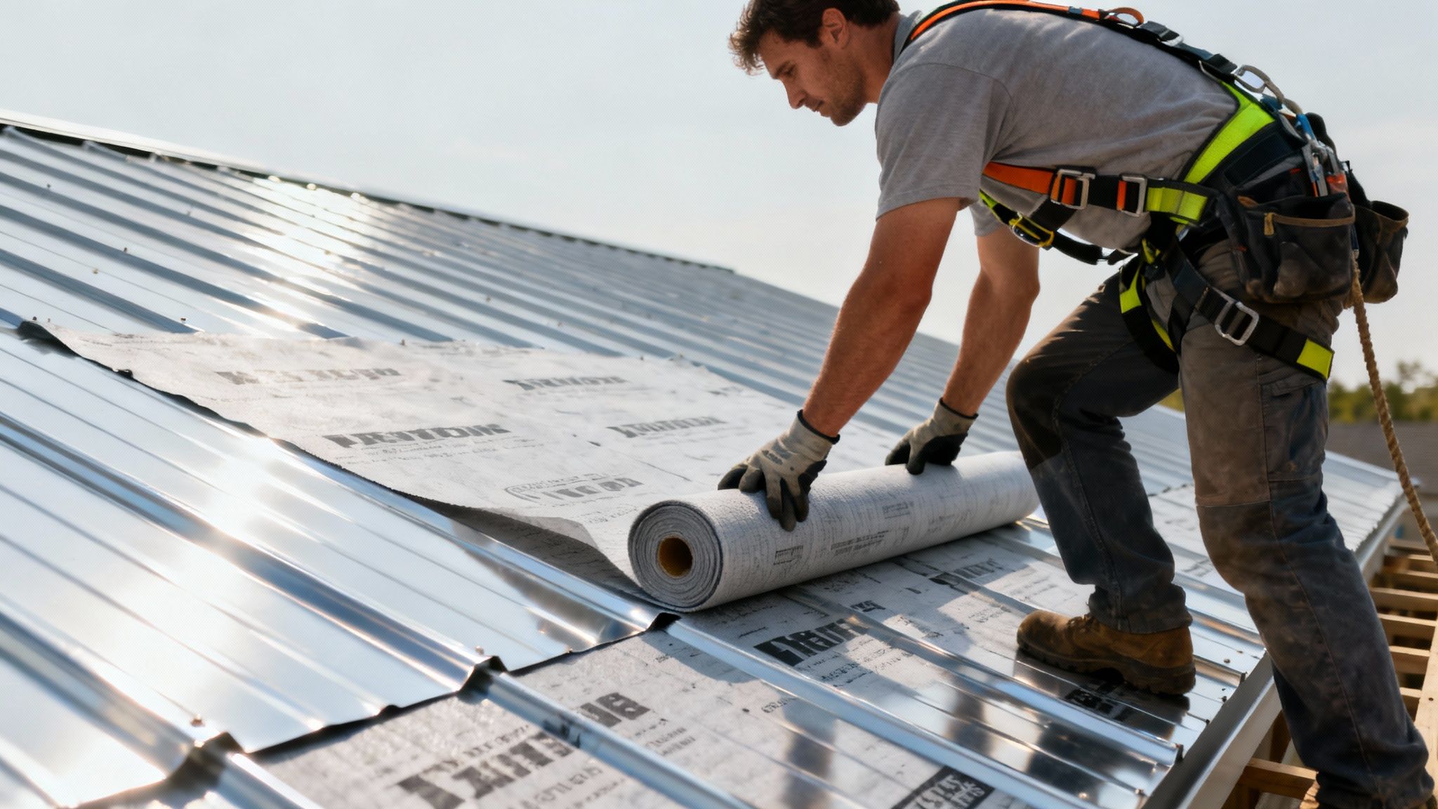 A roofer installing underlayment on a roof deck before the metal panels are attached