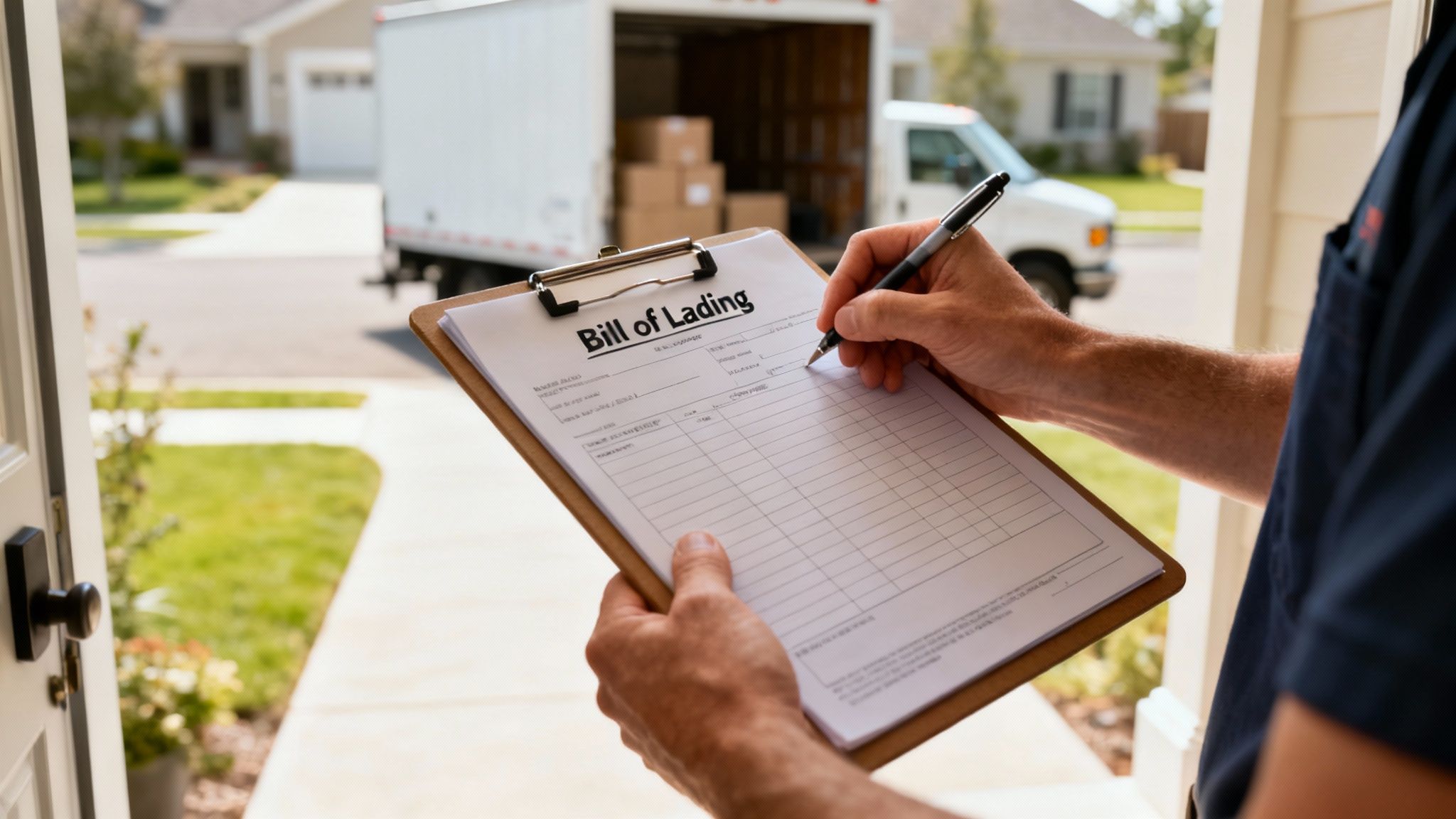Moving crew carefully carrying a sofa out of a house in Atlanta