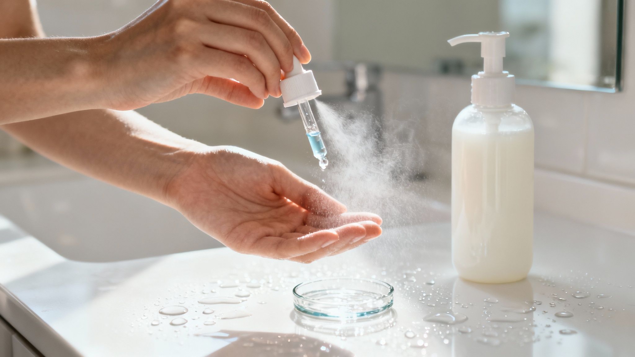 Woman gently applying serum to her face