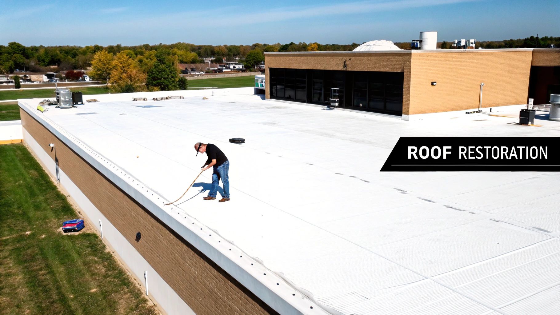 A freshly restored flat roof with a clean, white, reflective coating