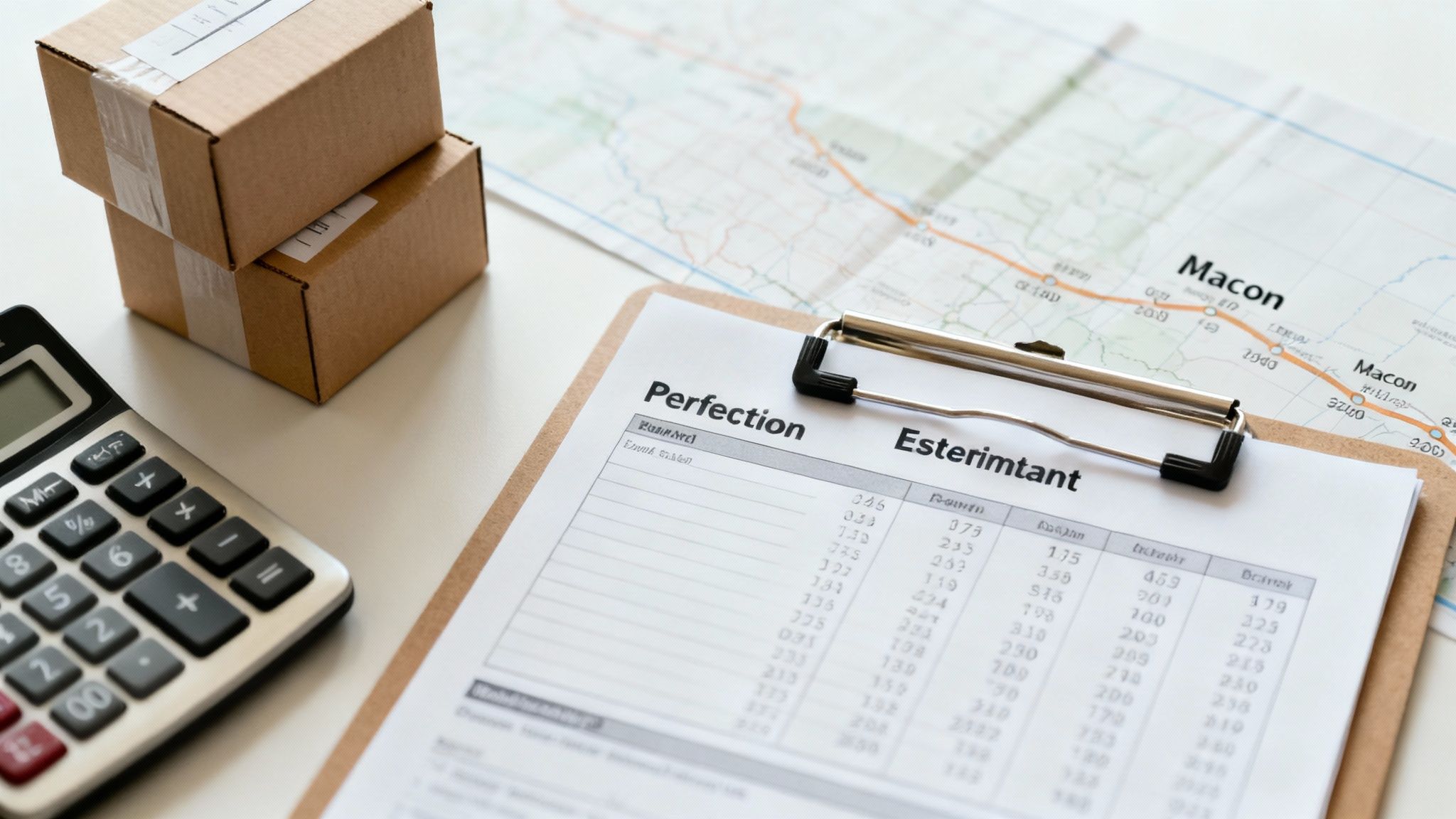 A person using a calculator to plan their moving budget, with moving boxes in the background.
