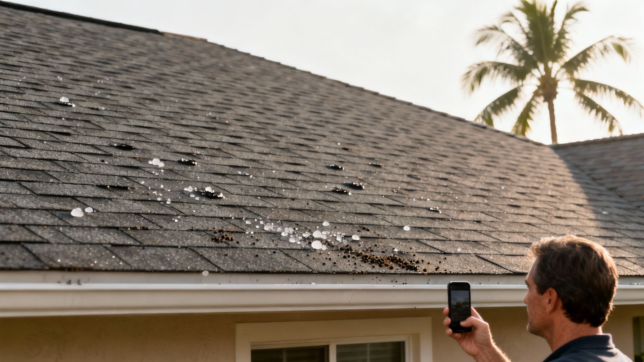 A Boynton Beach home's roof with visible asphalt shingles, set against a backdrop of palm trees and a partly cloudy sky, illustrating a typical residential setting vulnerable to weather events like hailstorms.