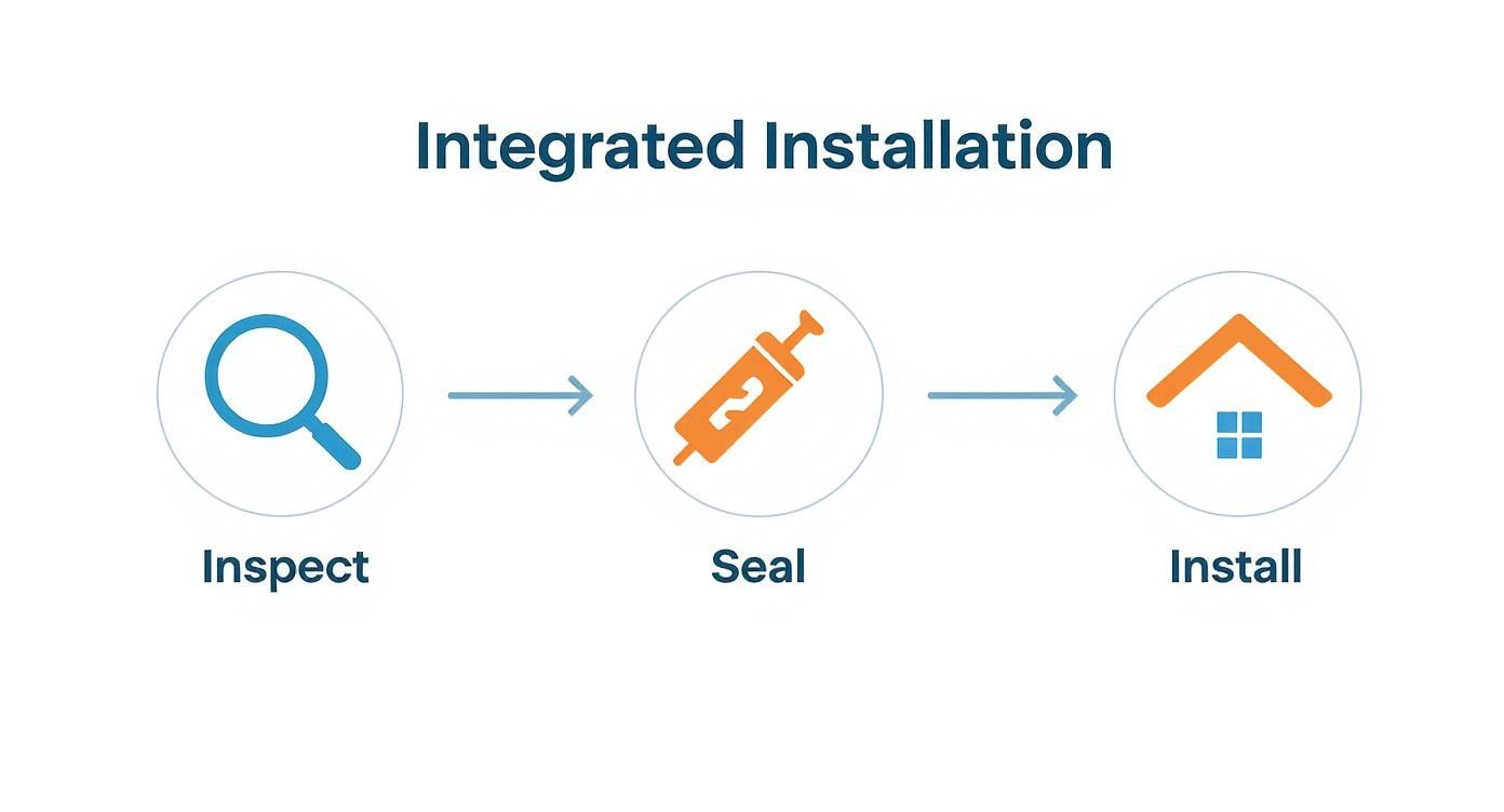 A three-step diagram illustrating integrated installation: Inspect (magnifying glass), Seal (syringe), and Install (house).