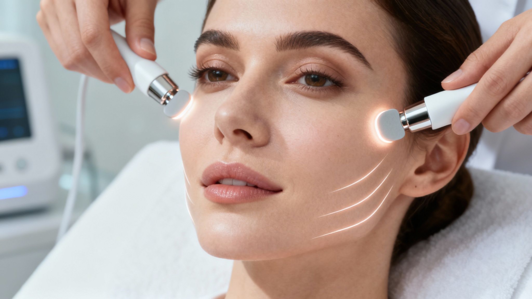 Esthetician using a high-tech facial device on a client in a modern Beverly Hills spa.