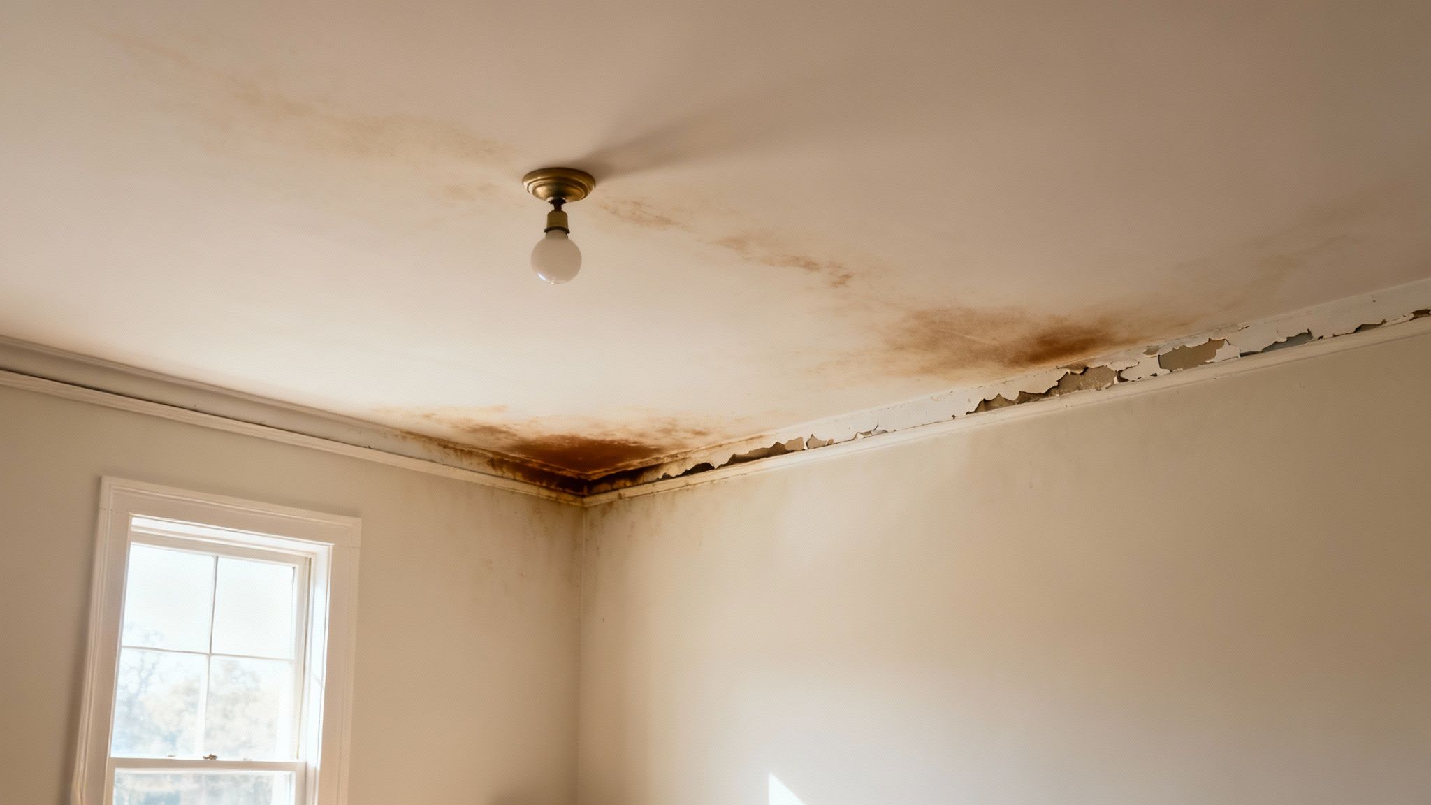 Severe water damage and peeling paint on ceiling corner indicating roof leak from storm