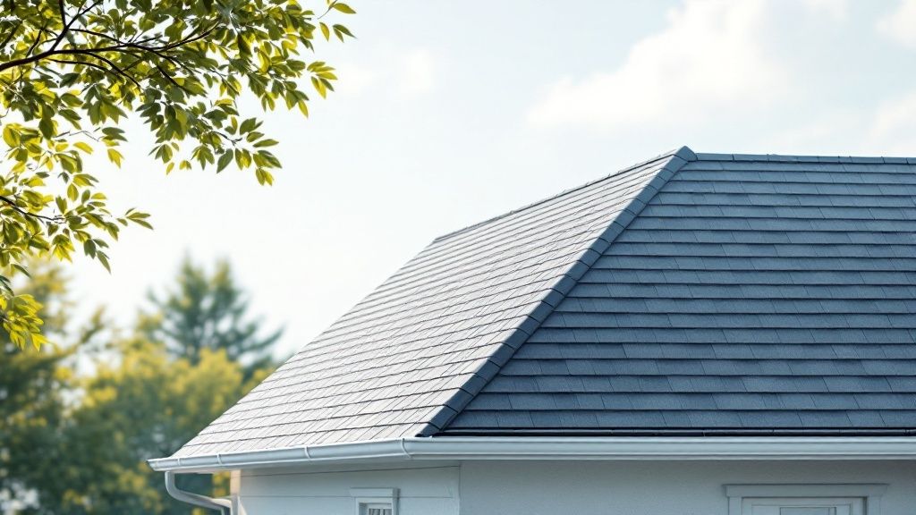 A picture showing a noticeable sag in a residential roof, indicating structural problems.