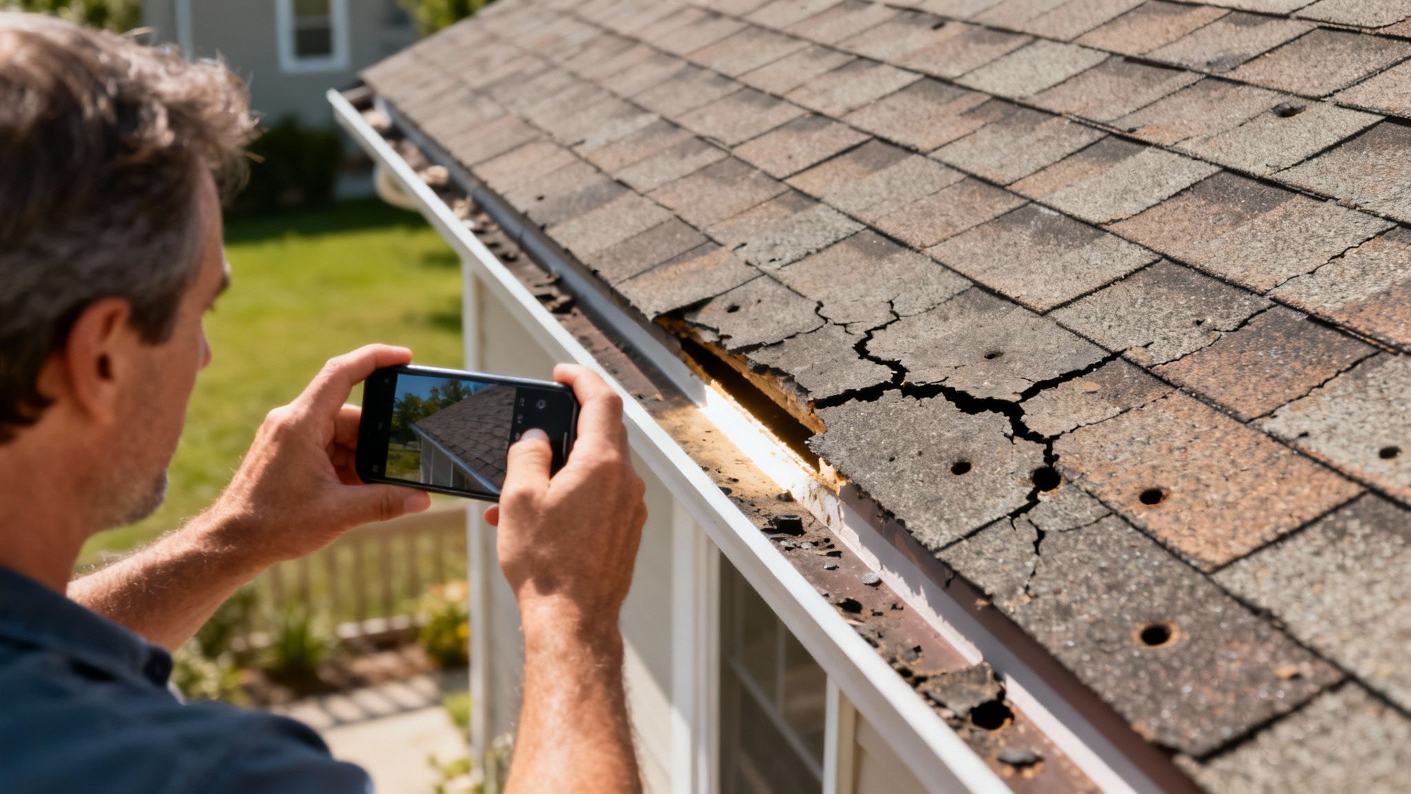 Homeowner looking at a tree branch that has fallen on the roof