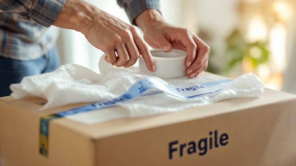 A person reviewing a moving contract with a calculator and moving boxes in the background.