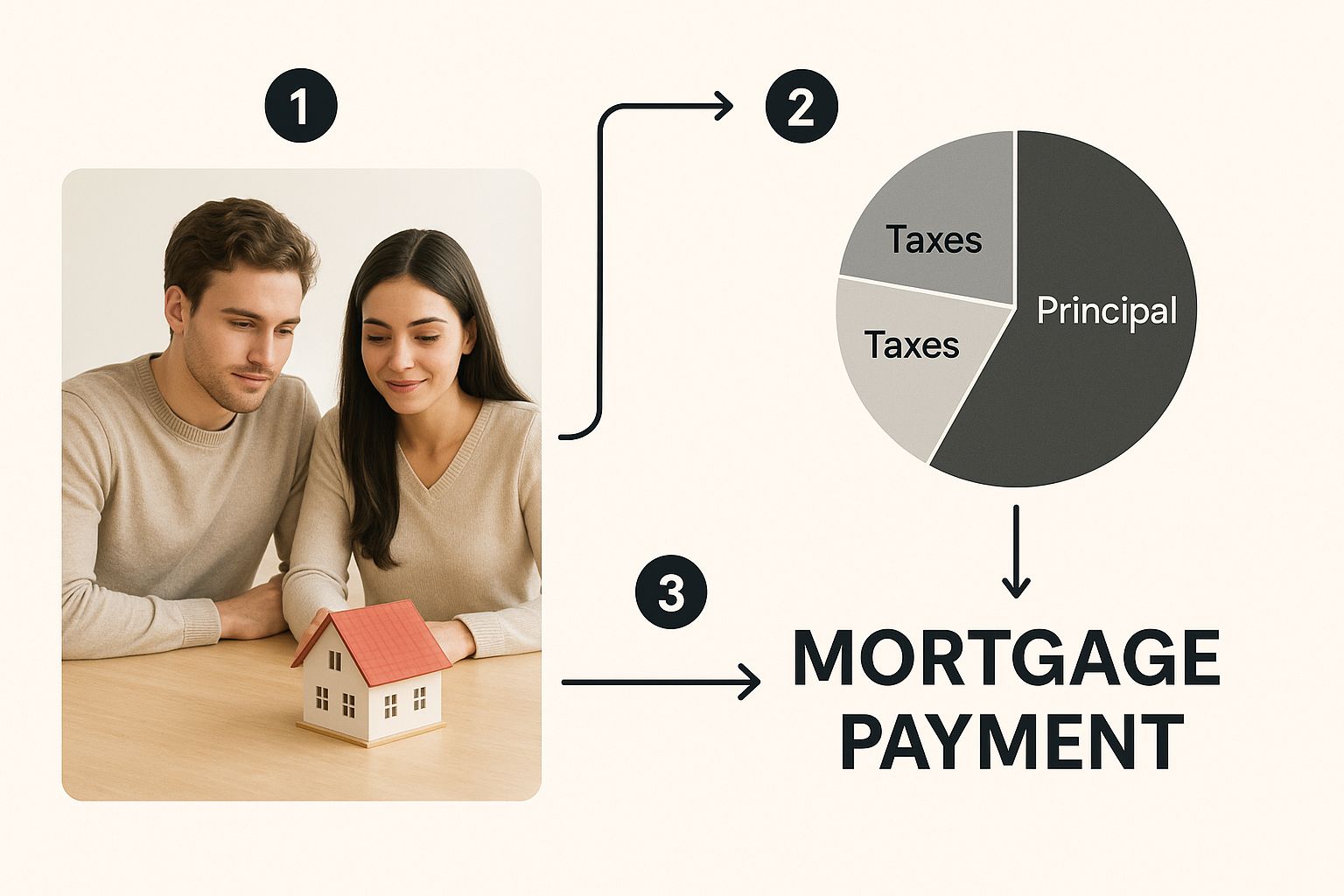Infographic showing a couple at a table with a model house and a pie chart broken into Principal, Interest, Taxes, and Insurance.