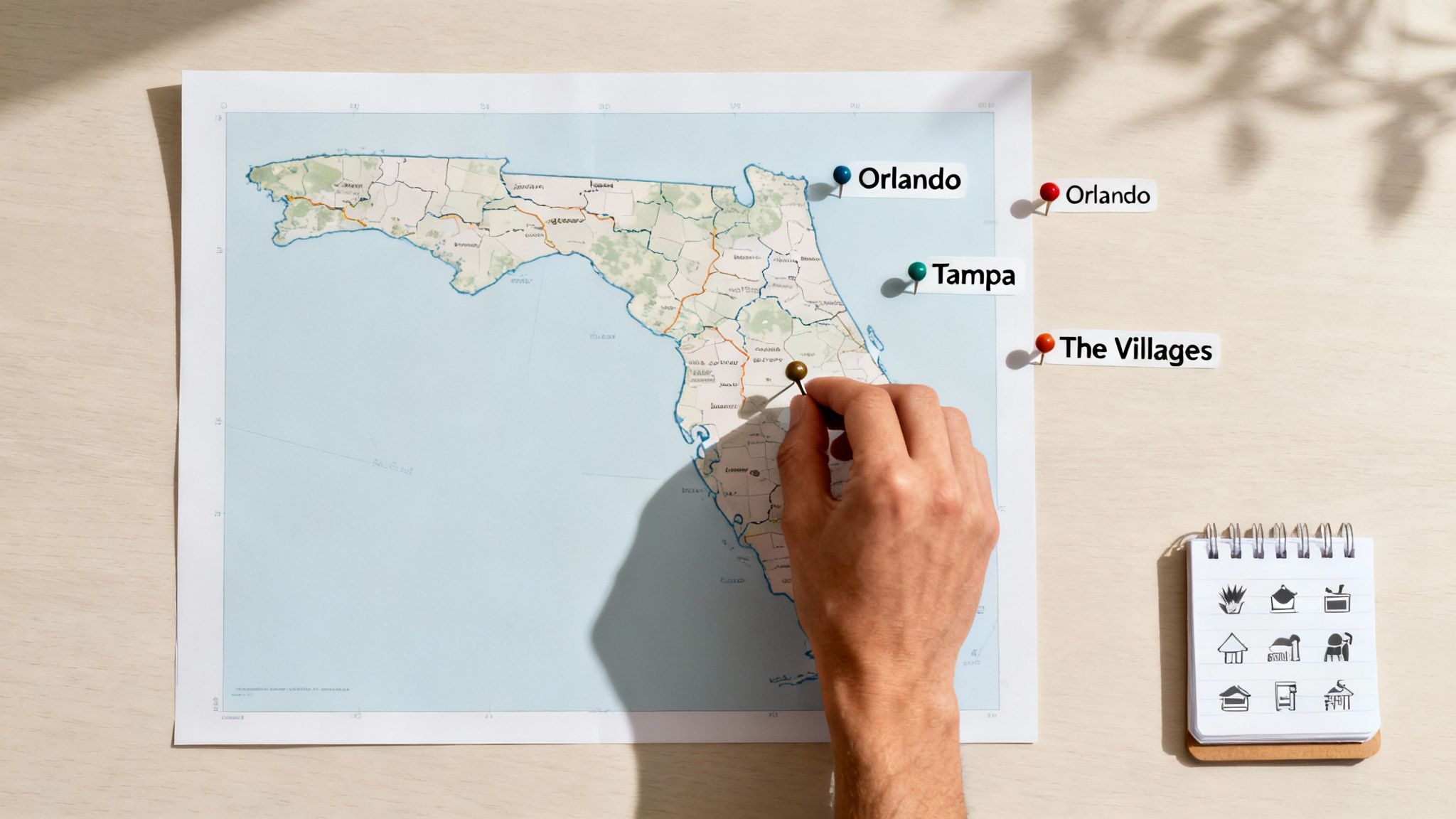 A vibrant aerial view of a Florida city skyline, like Tampa or Orlando, with modern buildings and lush greenery.