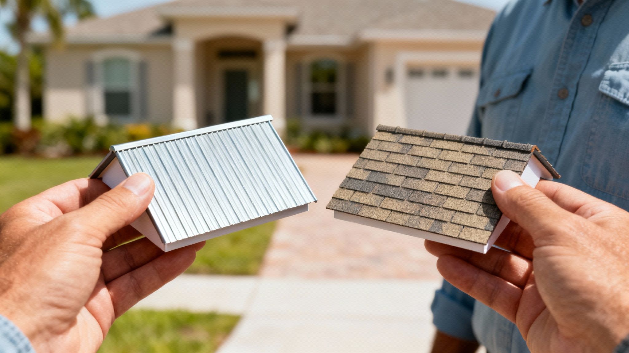 A family standing in front of their beautiful Florida home, looking up at their new, durable roof