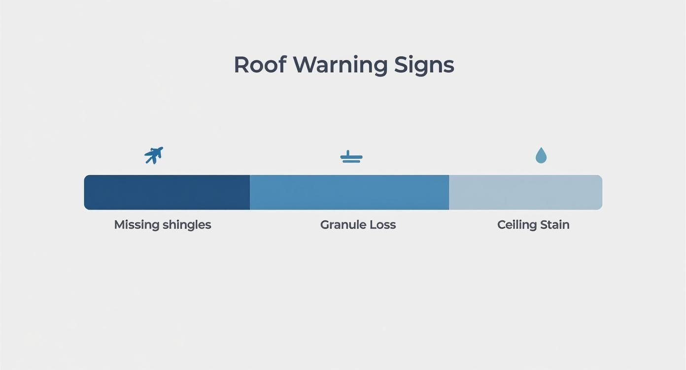 Infographic showing common roof warning signs like missing shingles, granule loss, and ceiling stains.