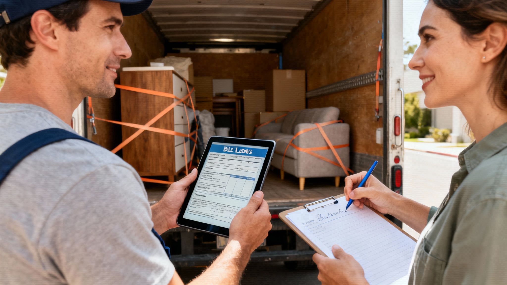 A professional mover carries a box out of a house towards a moving truck.