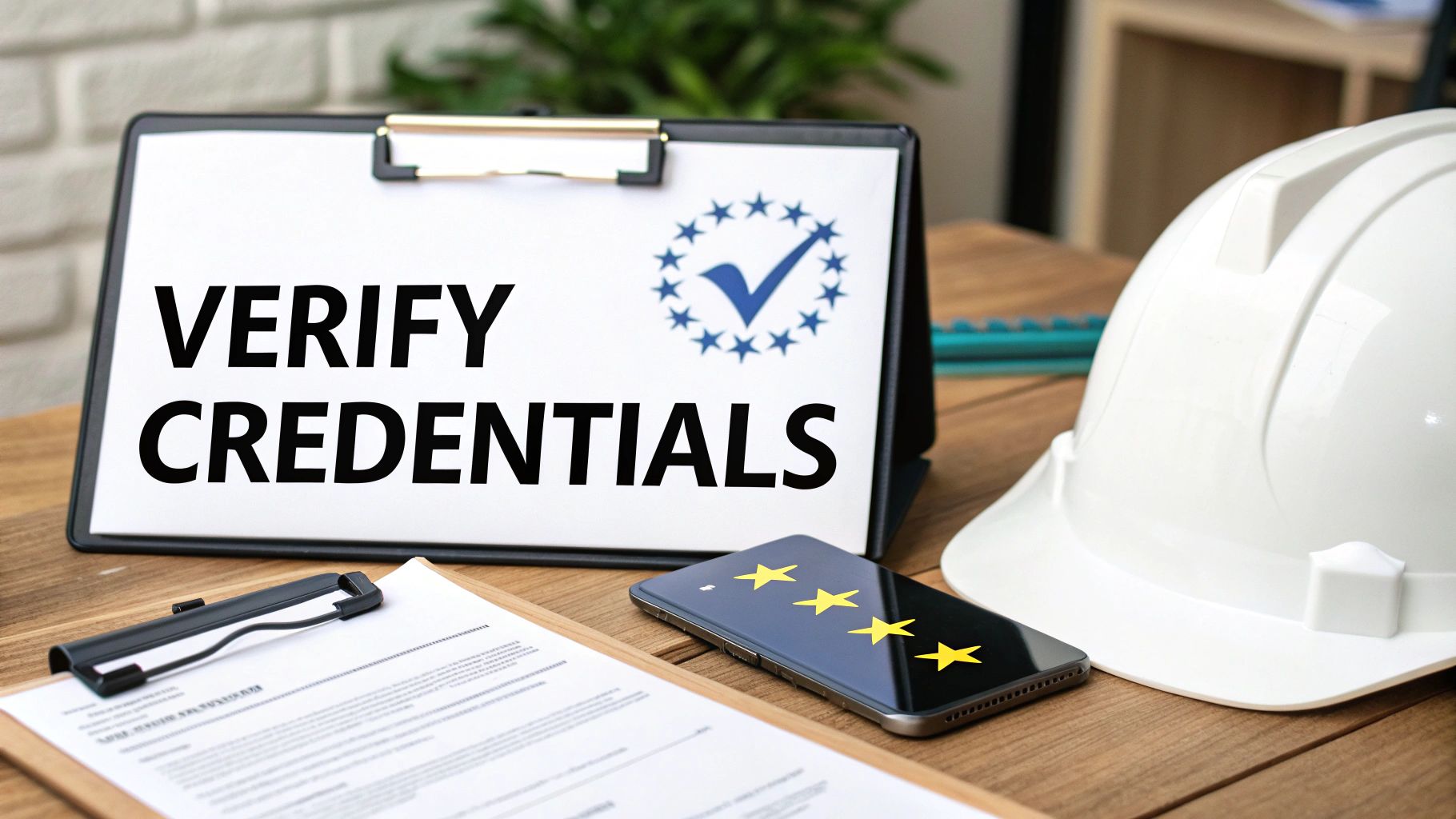 Two people reviewing a clipboard with a house in the background.