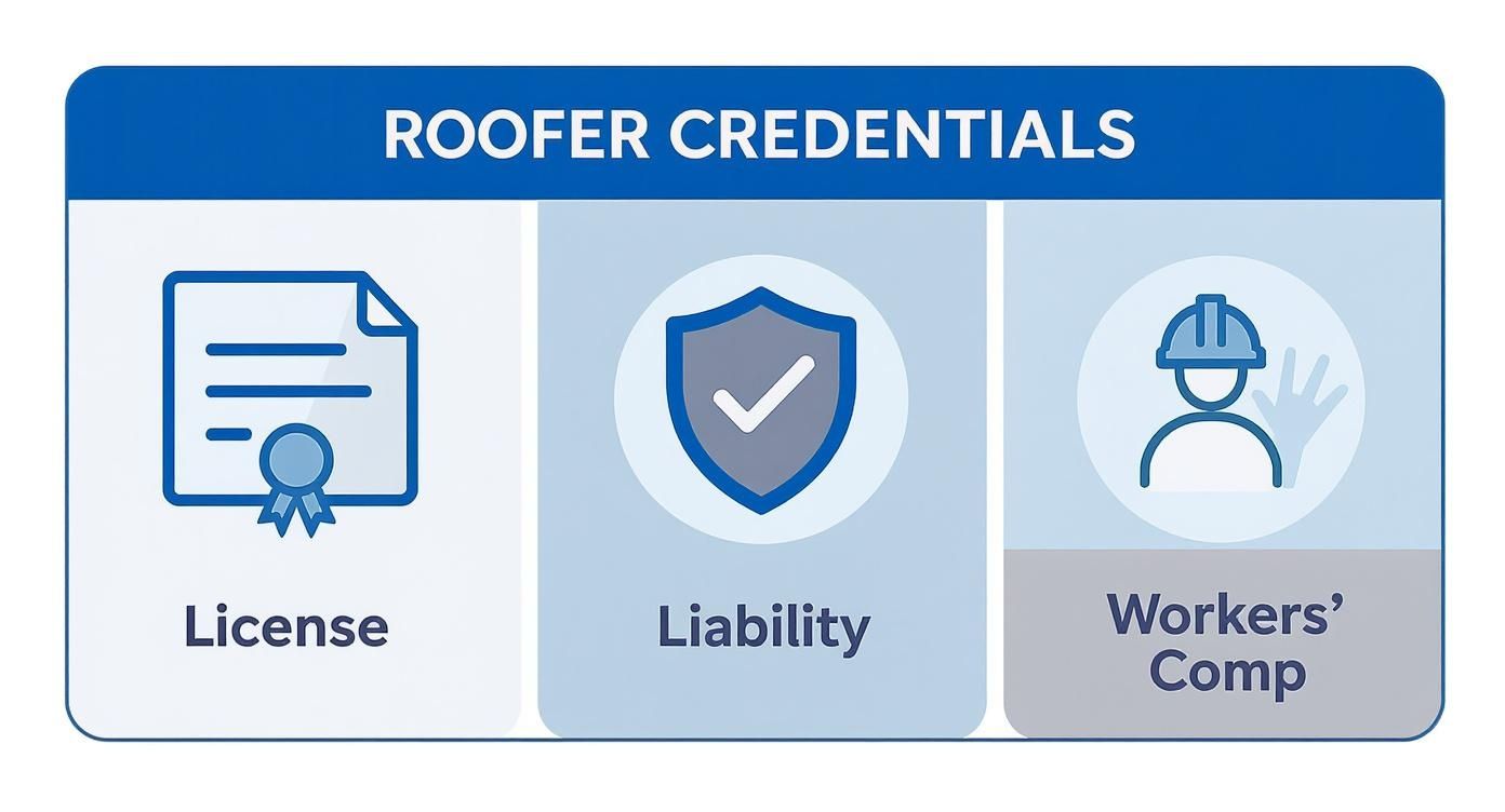 Three essential roofer credentials icons showing license certificate, liability shield, and workers compensation coverage