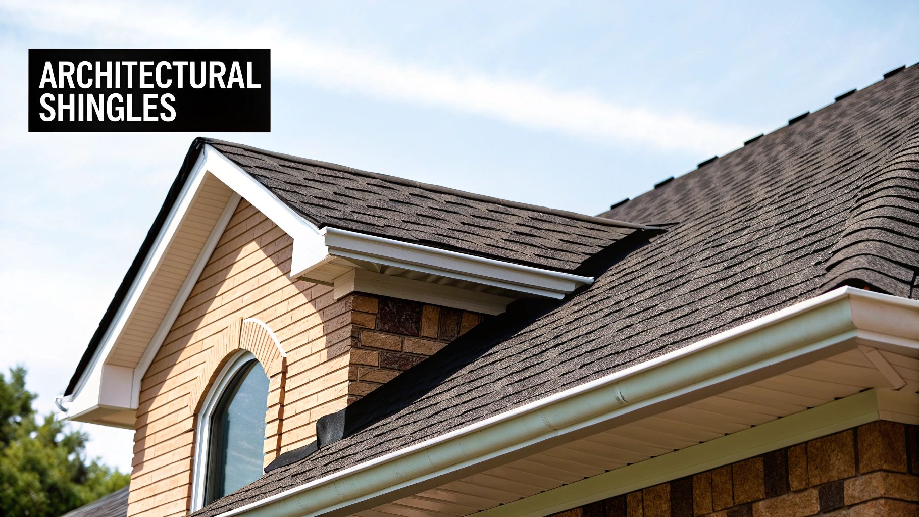 A beautiful home with a textured, multi-dimensional architectural shingle roof under a clear blue sky.